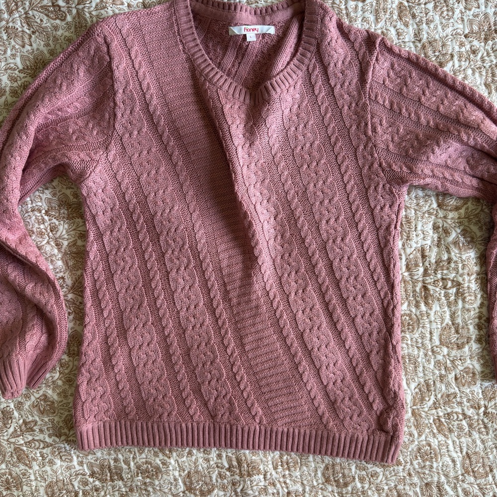 Pink Cable Knit Crew Neck Sweater